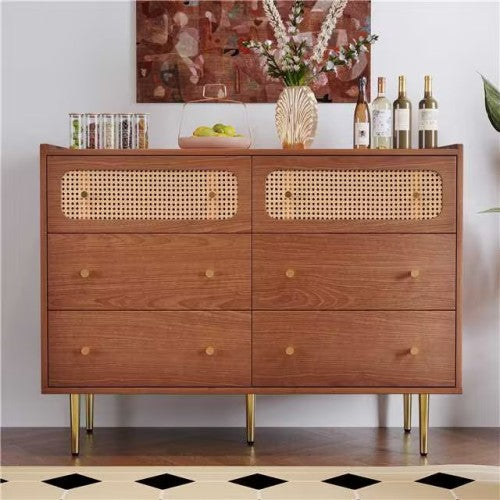 Rattan Sideboard Cabinet For Living Room, Chest Of Drawers With 6 Drawers, Walnut -40D X 120W X 90H Centimetres