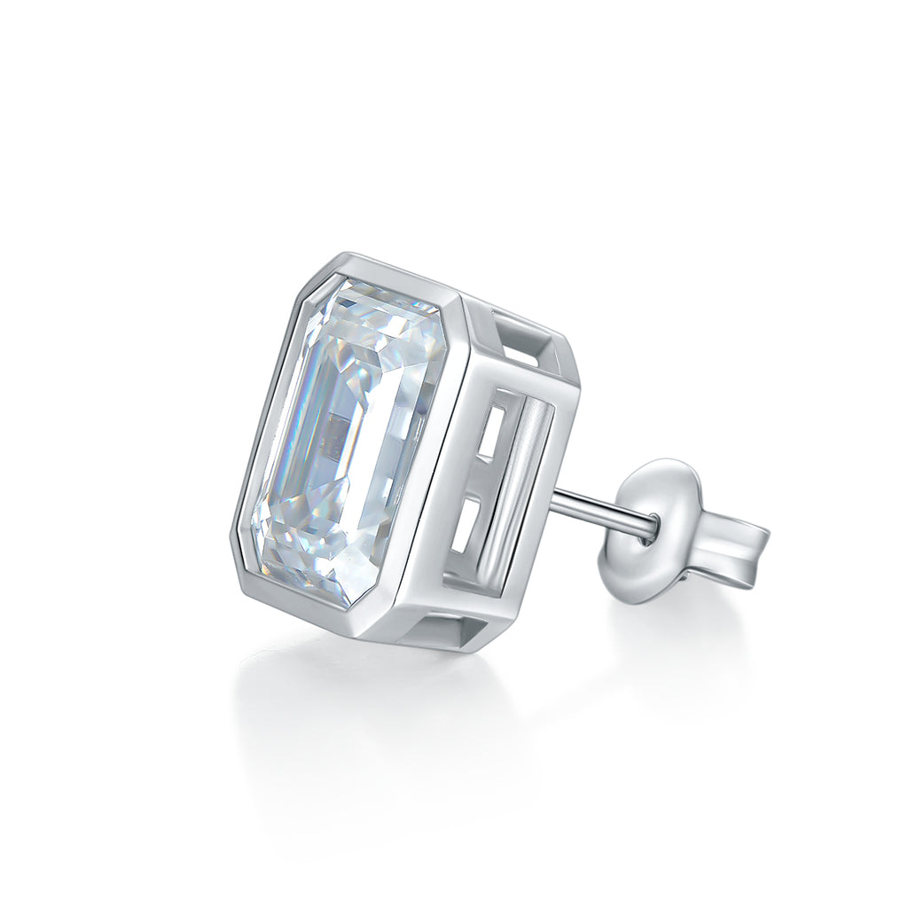 Boucles d'oreilles clous en moissanite taille émeraude 8x10mm en argent S925 plaqué platine avec sertissage géométrique et certificat GRA
