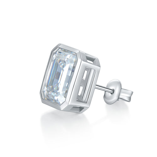 Boucles d'oreilles clous en moissanite taille émeraude 8x10mm en argent S925 plaqué platine avec sertissage géométrique et certificat GRA