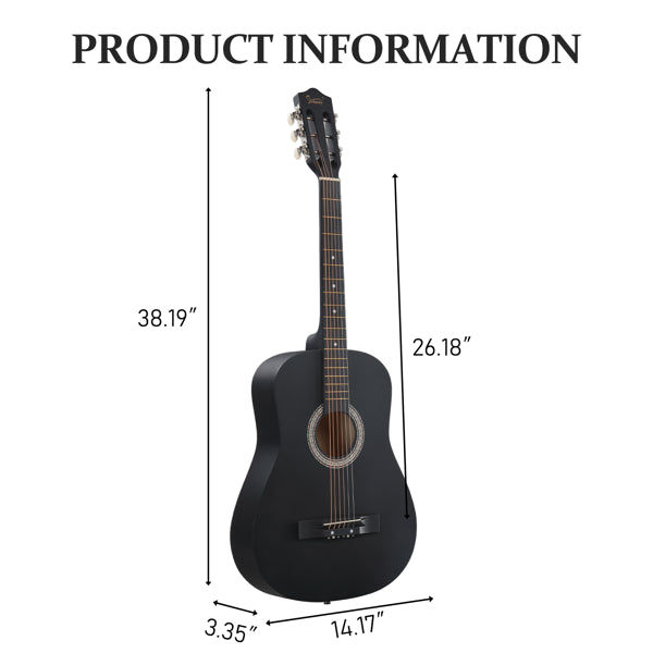 Guitare acoustique ronde noire mate de 38 pouces avec médiators, cordes, capo, étui, accordeur et sangle
