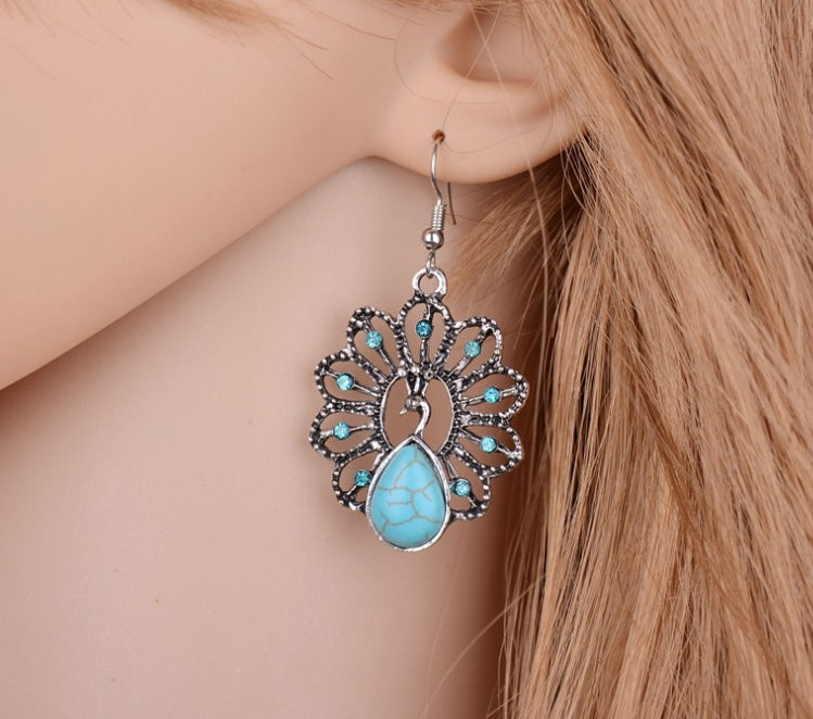 Boucles d'oreilles vintage coréennes paon turquoises