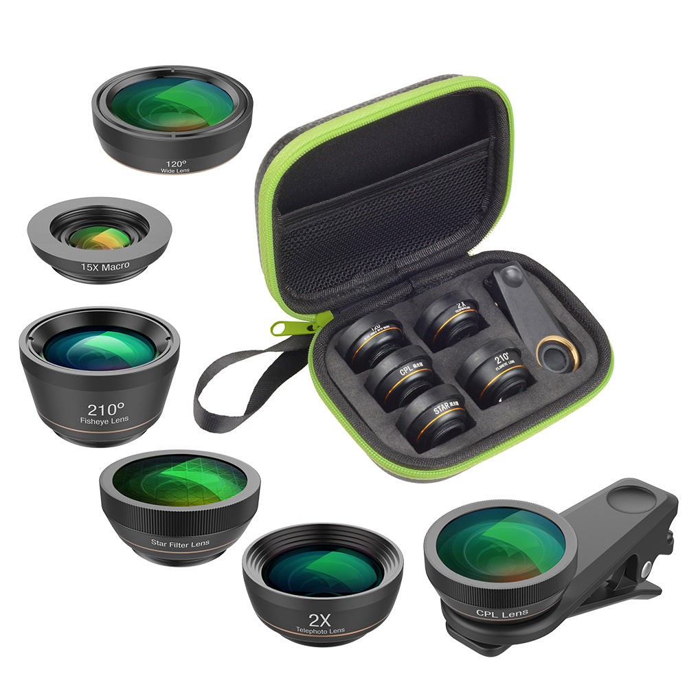 Kit d’objectifs universels 6 en 1 pour smartphone avec fisheye, macro, grand angle, 2x téléobjectif, CPL et filtre étoile