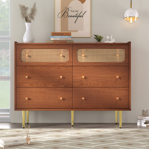 Rattan Sideboard Cabinet For Living Room, Chest Of Drawers With 6 Drawers, Walnut -40D X 120W X 90H Centimetres