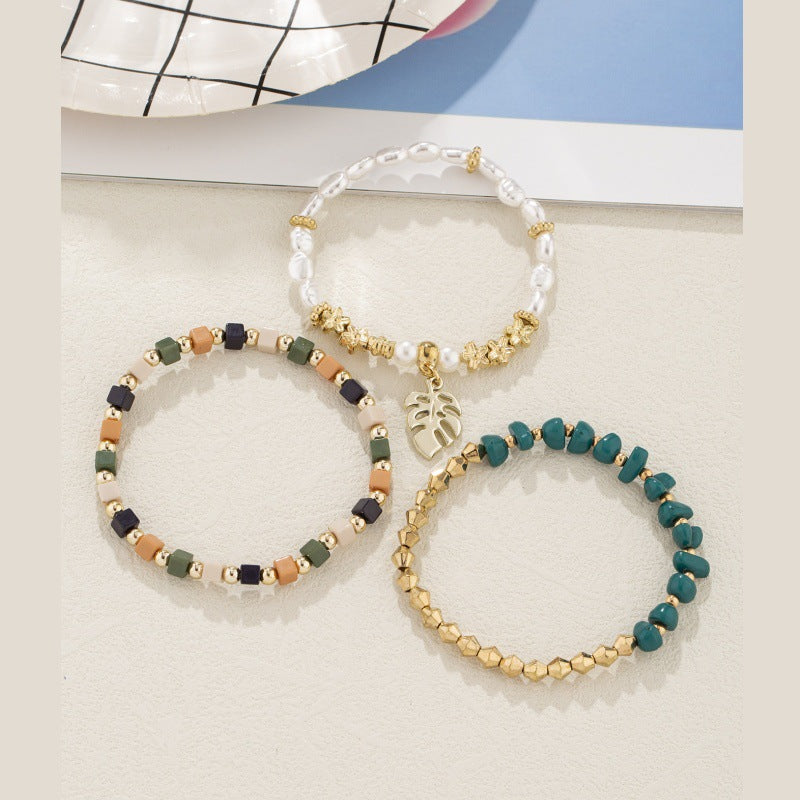 Bracelet en Pierre Ornementale Vintage Irregulier avec Pendentif Feuille