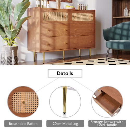 Rattan Sideboard Cabinet For Living Room, Chest Of Drawers With 6 Drawers, Walnut -40D X 120W X 90H Centimetres