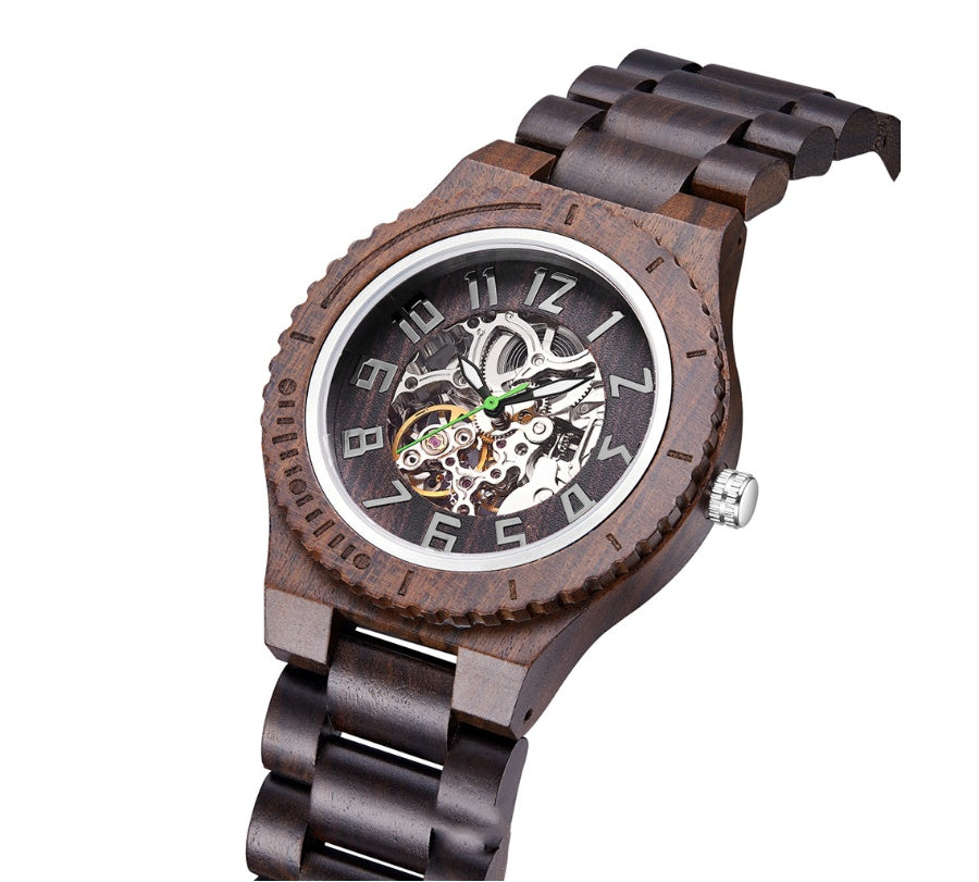 Montre en bois élégante avec tourbillon lumineux, étanche 50m, style professionnel