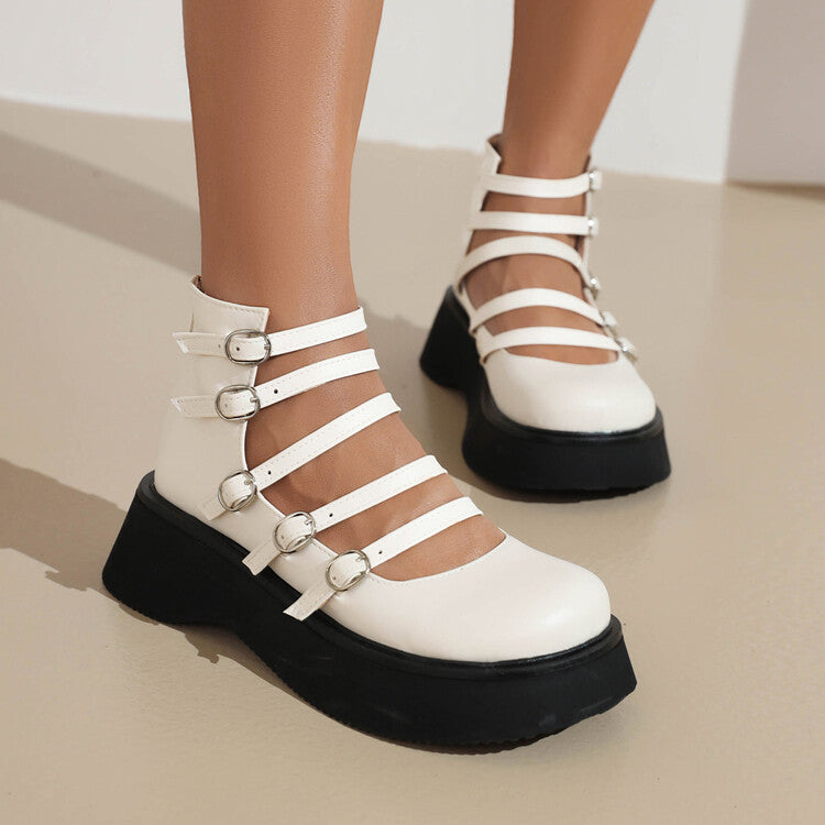 Chaussures montantes pour femmes avec boucle de ceinture en cuir évidée épaisse