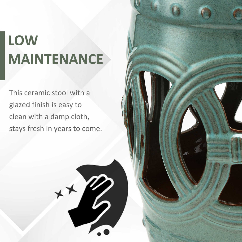 Tabouret de Jardin en Céramique 14" x 17" avec Design de Anneau Nœud Double-Coin et Matériau Émaillé Résistant, Table d'Appoint Décorative, Collection Maison, Bleu Antique
