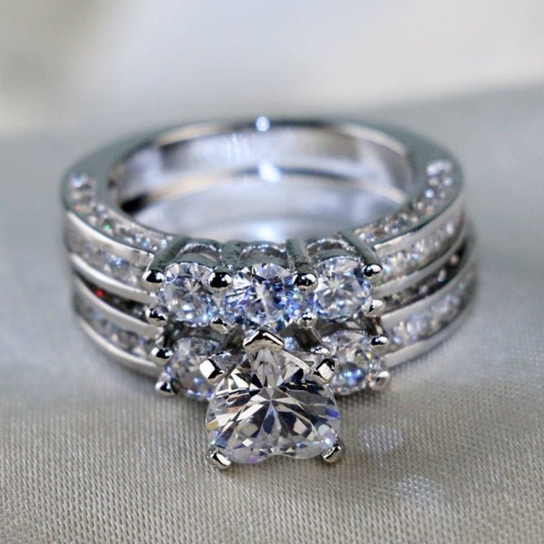 Coktail Ring S925 Silver 1ct Heart Shape AAA Zircon Three-Stone Round CZ Women's Wedding Ring  Sets GIfts Sz 6-9