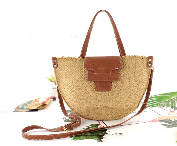 Nouveau Sac Tissé Semicircle en Paille avec Couvercle Rétro pour Femme à Une Épaule de Plage