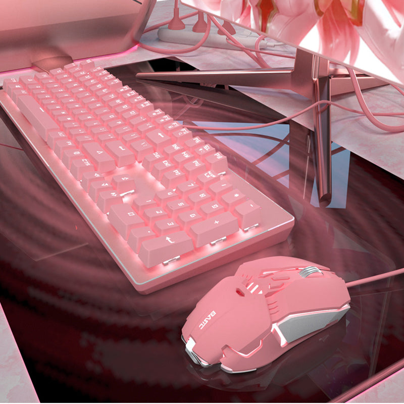 Ensemble Clavier Mécanique Réel Rose et Souris Fille Jeu Filaire Axes Vert et Rouge Cœur Lumineux