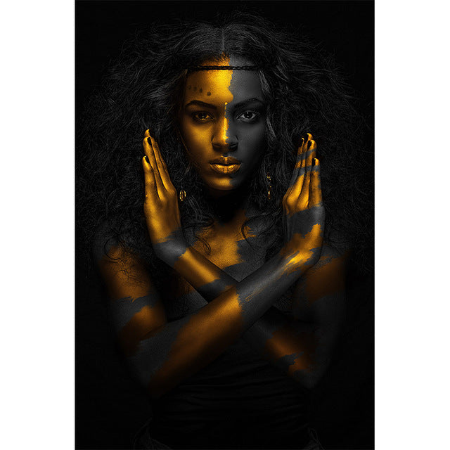 Peinture sur toile à impression haute définition femme or noir
