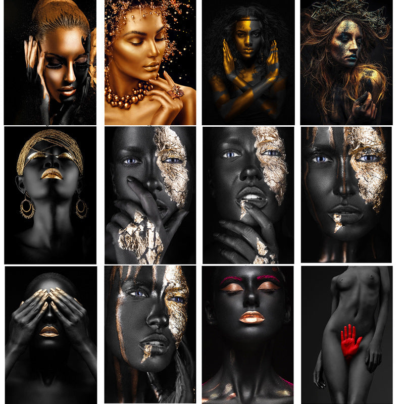 Peinture sur toile à impression haute définition femme or noir