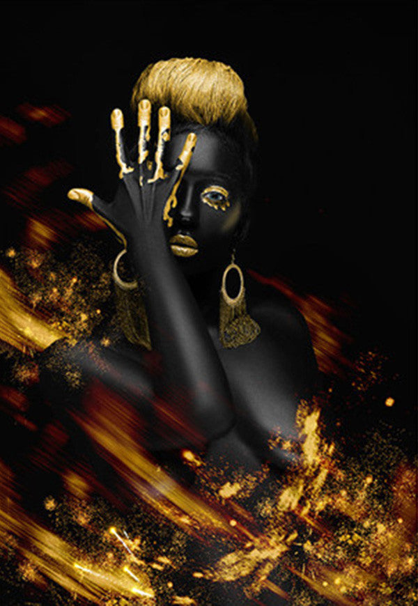 Peinture sur toile à impression haute définition femme or noir