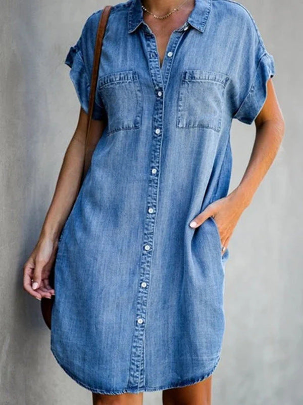 Robe midi cintrée en denim pour femme à manches courtes, élégante et confortable