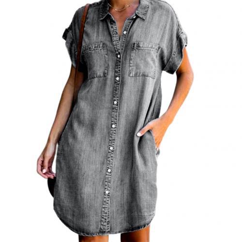 Robe midi cintrée en denim pour femme à manches courtes, élégante et confortable