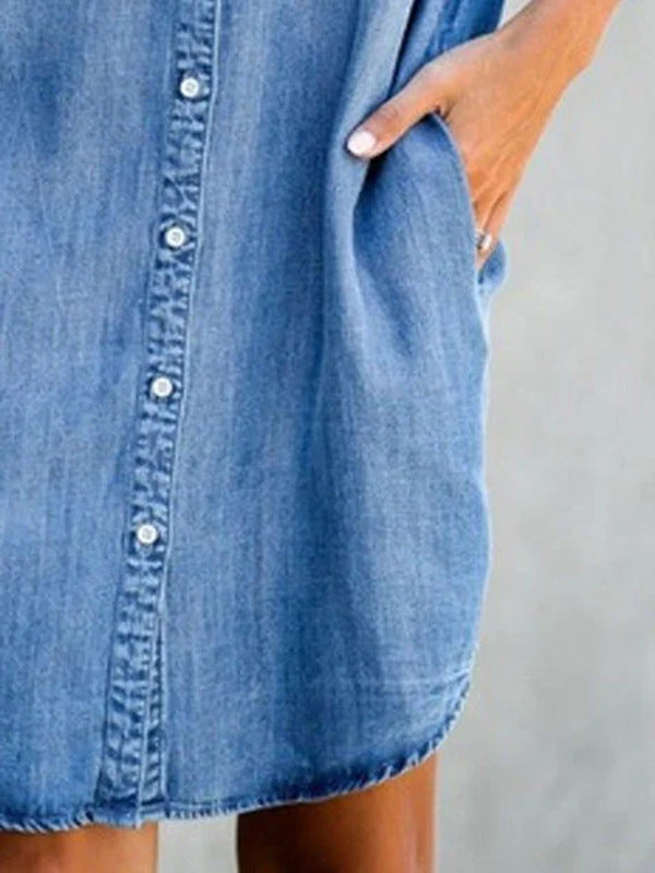 Robe midi cintrée en denim pour femme à manches courtes, élégante et confortable