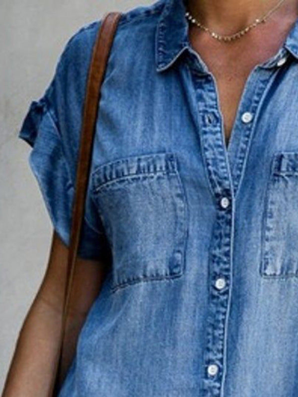 Robe midi cintrée en denim pour femme à manches courtes, élégante et confortable