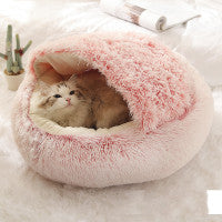 Lit Douillet Rond 2 en 1 pour Chiens et Chats, Maison d'Hiver en Peluche Longue, Douce et Chaude