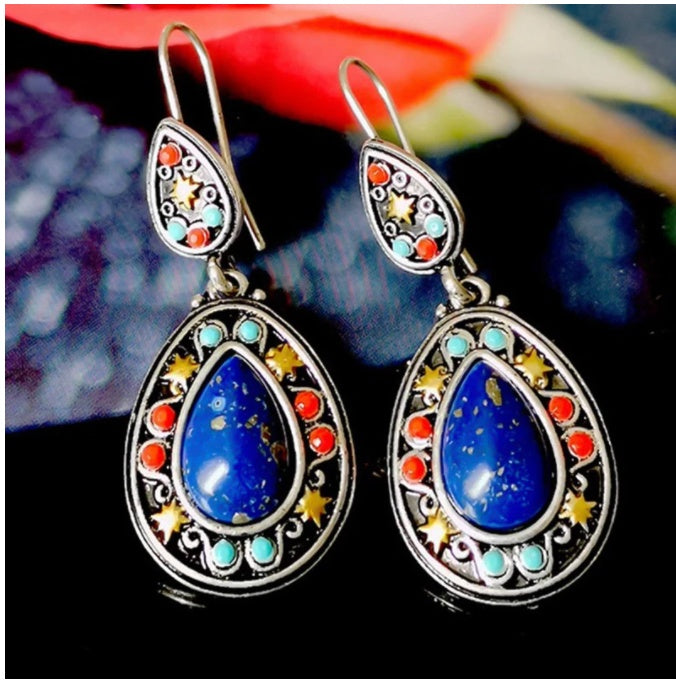 Boucles d'oreilles vintage couleur Lapis Lazuli style clan bohème orchidée turquoise