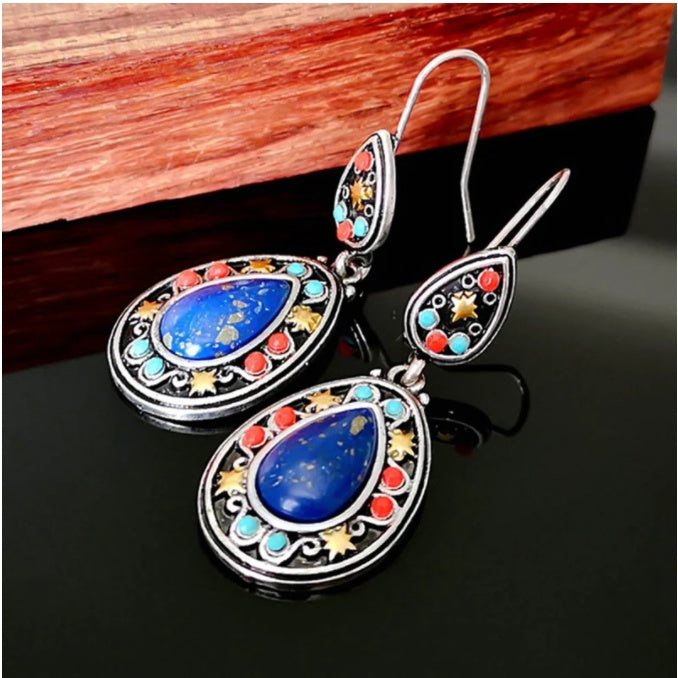 Boucles d'oreilles vintage couleur Lapis Lazuli style clan bohème orchidée turquoise