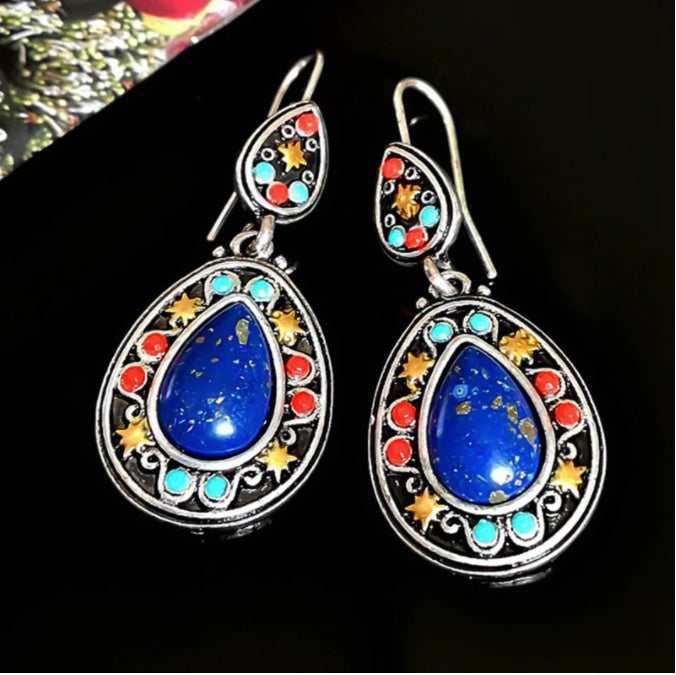Boucles d'oreilles vintage couleur Lapis Lazuli style clan bohème orchidée turquoise