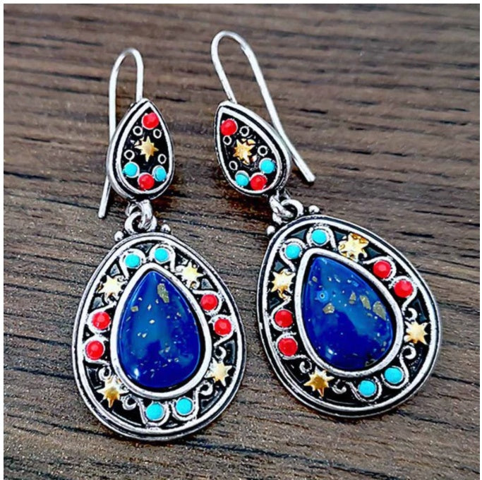 Boucles d'oreilles vintage couleur Lapis Lazuli style clan bohème orchidée turquoise