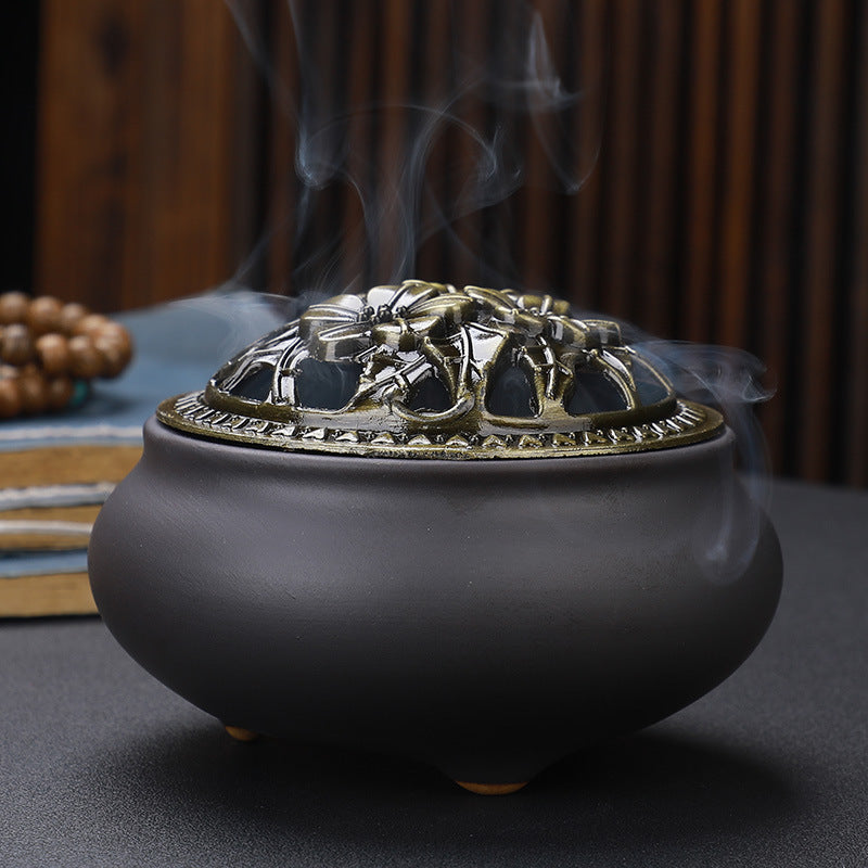Brûleur d'encens en céramique avec couvercle en cuivre Bouddha et brûleur d'encens en alliage antique