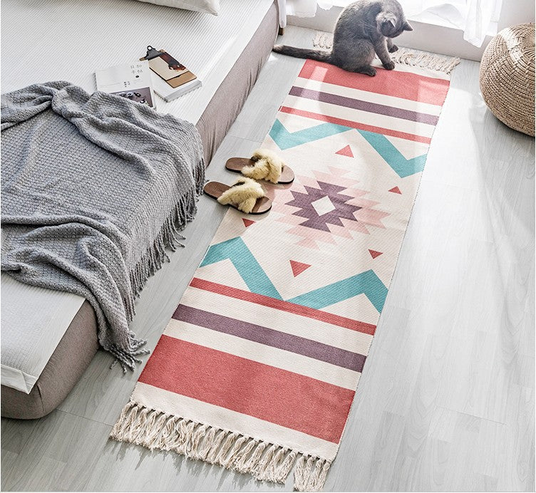 Tapis Boho en Coton et Lin Tissé à la Main - Long Accessoire de Sol Géométrique pour Décoration Intérieure