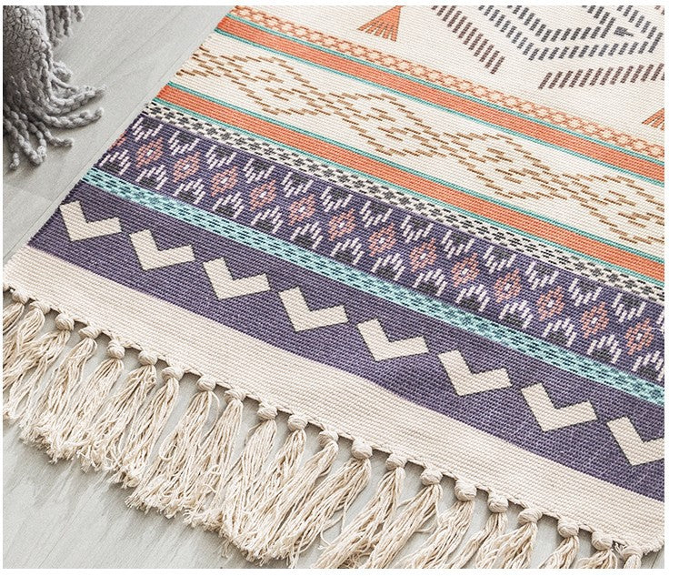 Tapis Boho en Coton et Lin Tissé à la Main - Long Accessoire de Sol Géométrique pour Décoration Intérieure