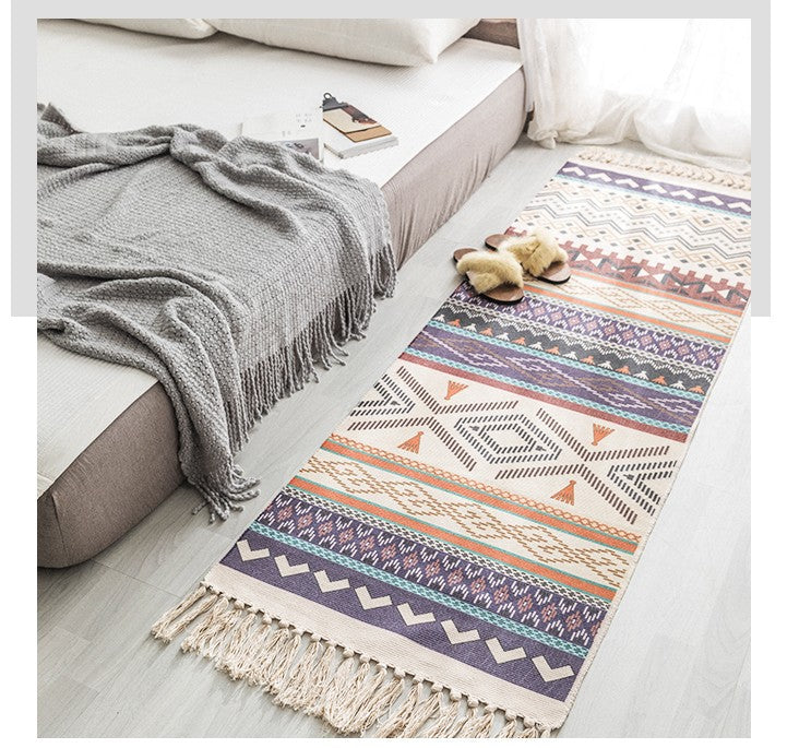 Tapis Boho en Coton et Lin Tissé à la Main - Long Accessoire de Sol Géométrique pour Décoration Intérieure