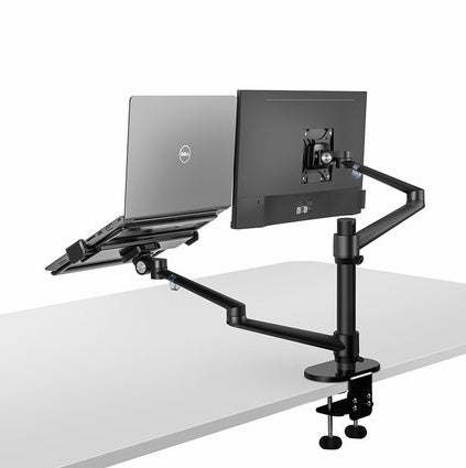 Support de Bureau Ergonomique Multifonction en Aluminium pour Ordinateur Portable et Moniteur avec Barre de Colonne à Mouvement Complet