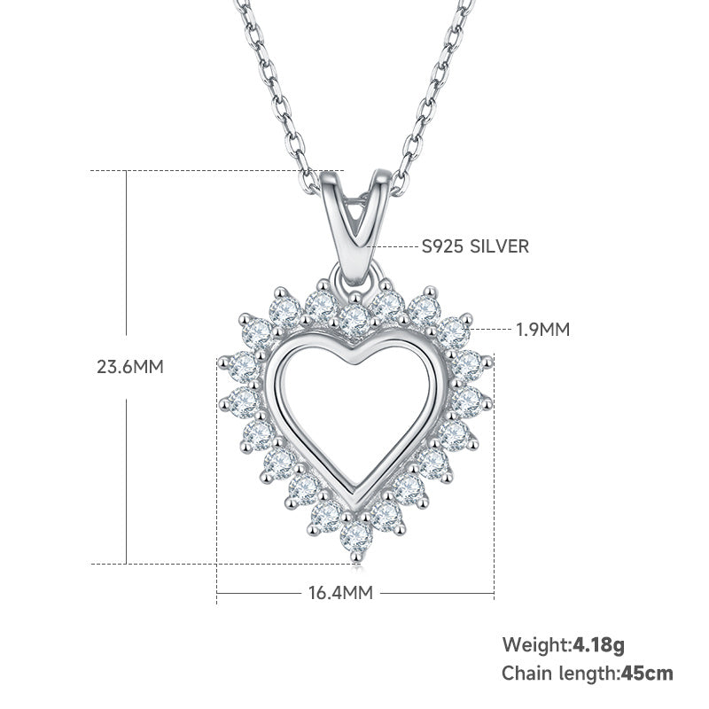 Collier Cœur en Argent Sterling S925 4,1g 45cm Pendentif Moissanite Halo Soleil 20 Pierres GRA Coffret Cadeau Romantique