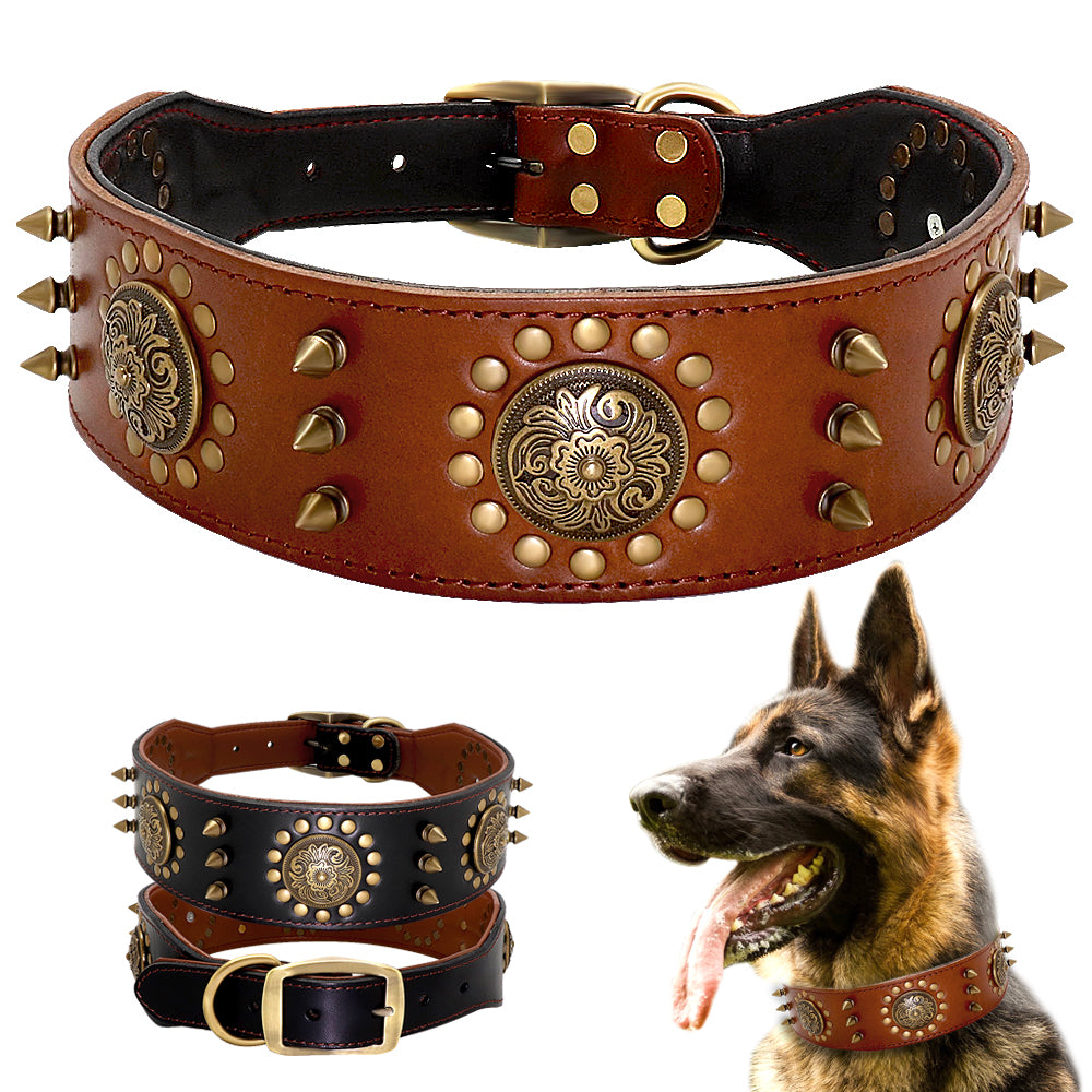 Collier en cuir clouté anti-morsure pour grand chien - robuste et élégant
