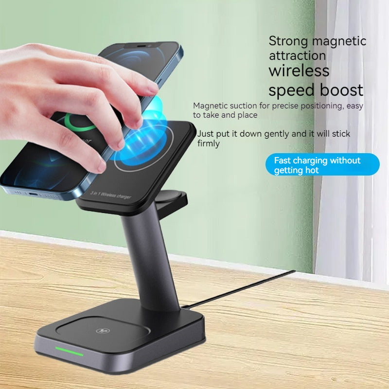 Chargeur sans fil vertical trois-en-un pour téléphone mobile et montre, pratique et élégant