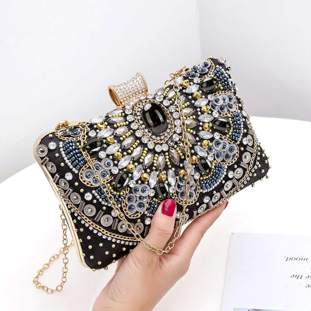 Sac de soirée brodé de perles rétro fait main pour femme, à main perlée