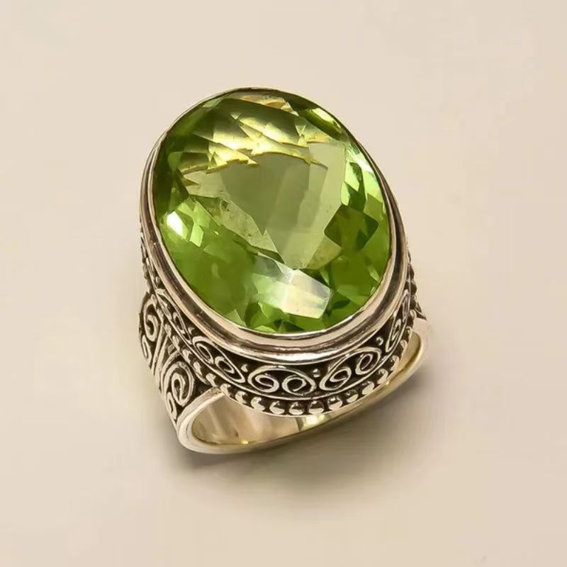 Bague rétro gravée en jade naturel plaquée argent