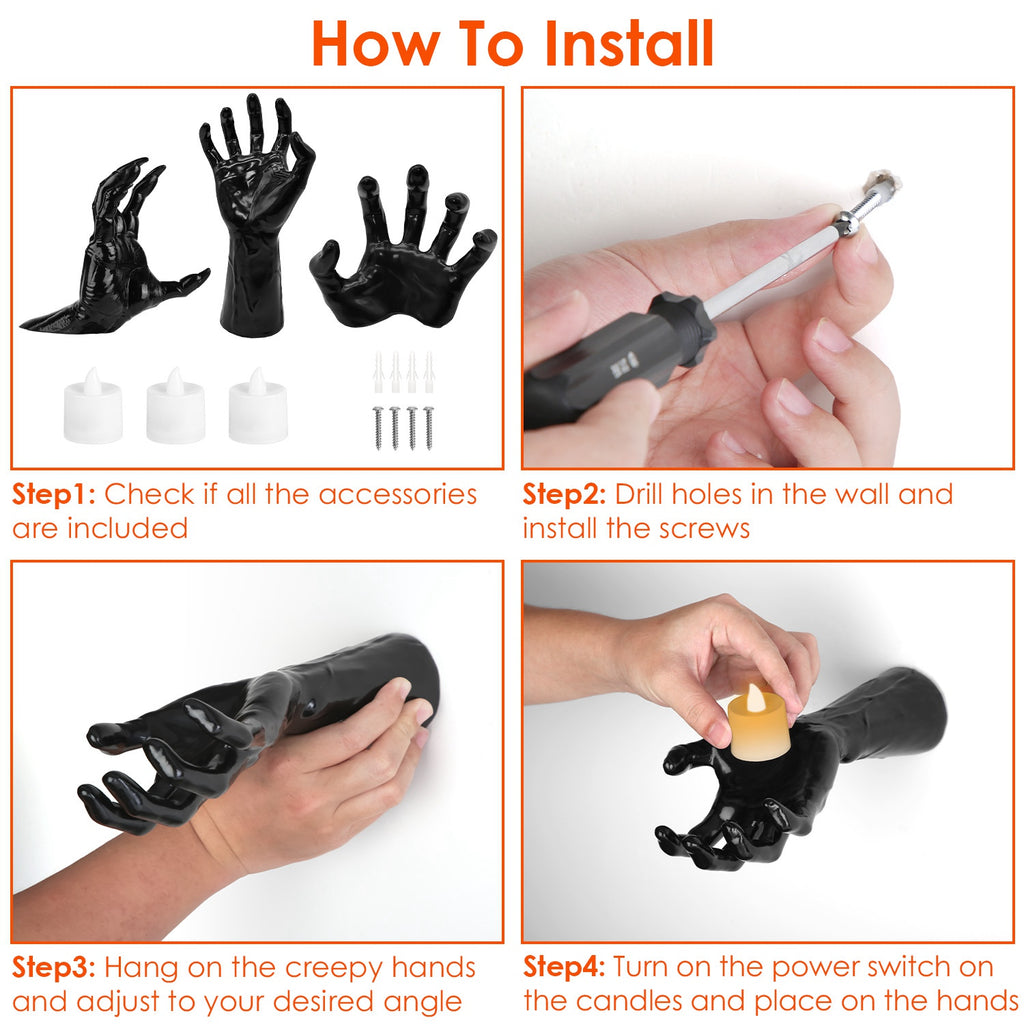 3Pcs Mains Atteignantes Effrayantes Avec Bougies Éclairées Décoration Murale Halloween Main de Sorcière Diable Esthétique Gothique Taille Réelle Sculpture Horrifique