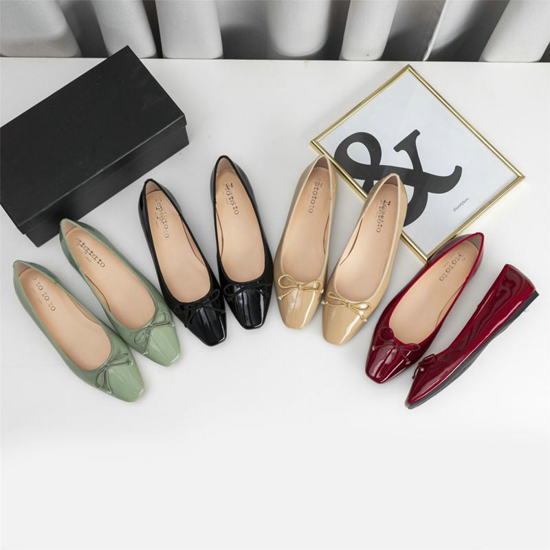Escarpins Vintage à Bout Carré en Cuir Verni Style Français, Talon Bas