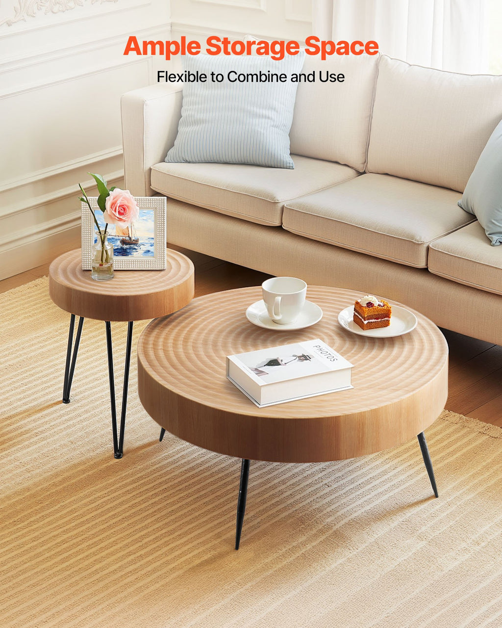 2 Pieces Round Coffee Tables Sets, 31.3 In Industrial Living Room Table With 1 End Side Table, Easy Assembly Coffee And End Tables Sets With Metal Legs, For Office, Living Room And Apartment