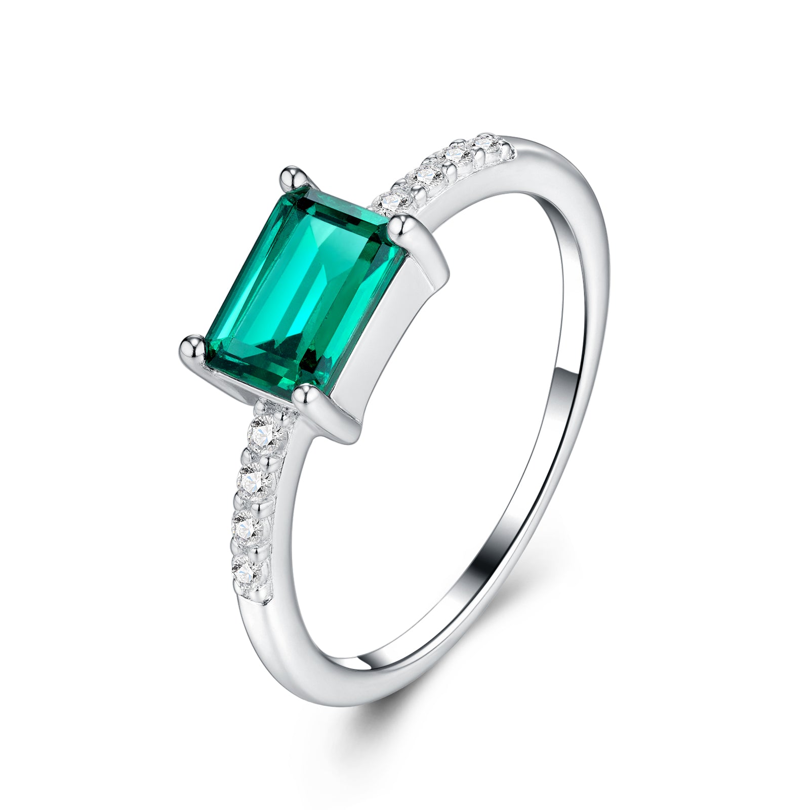 Bague fine 2g en argent 925 plaqué platine avec émeraude octogonale cultivée