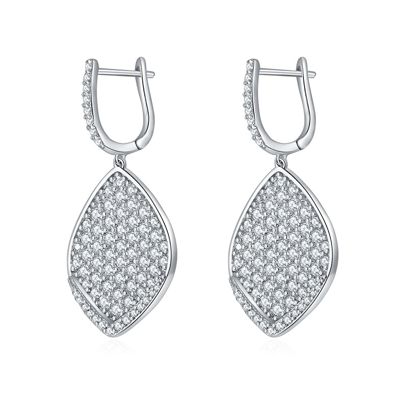 Boucles d’oreilles pendantes feuille en argent S925 plaqué platine avec moissanite pavée – certificat GRA, coffret cadeau luxe