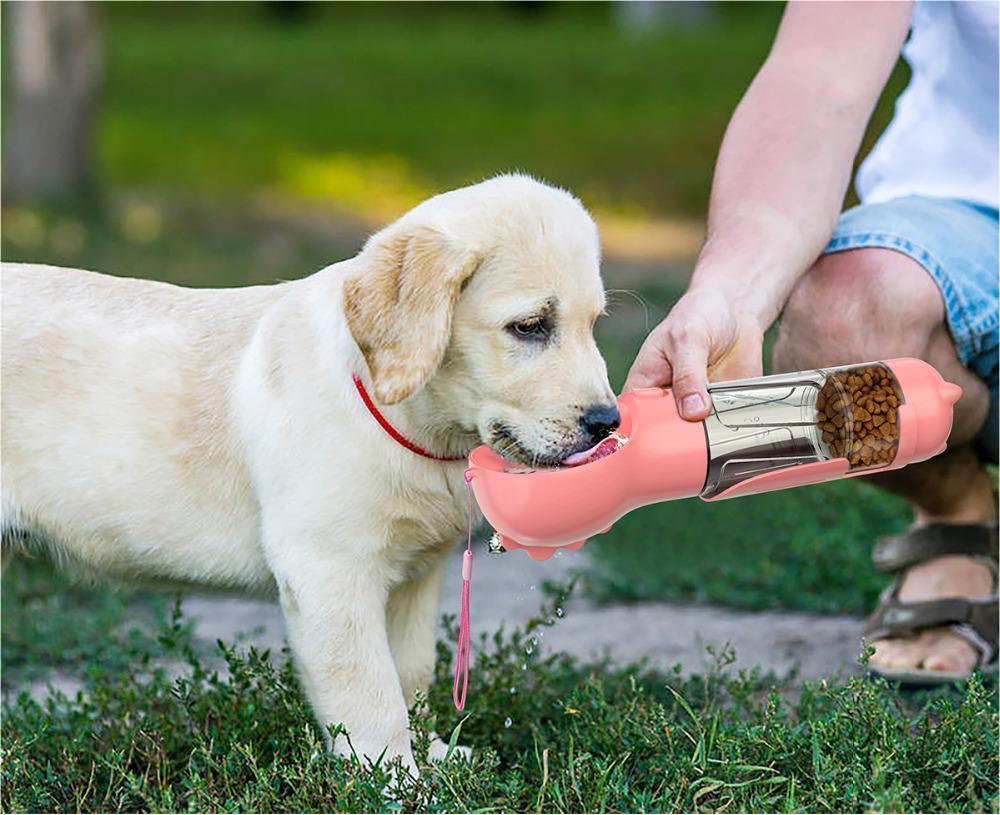 Bouteille d'eau portable 3 en 1 pour chien avec gamelle, sac à déchets et rangement
