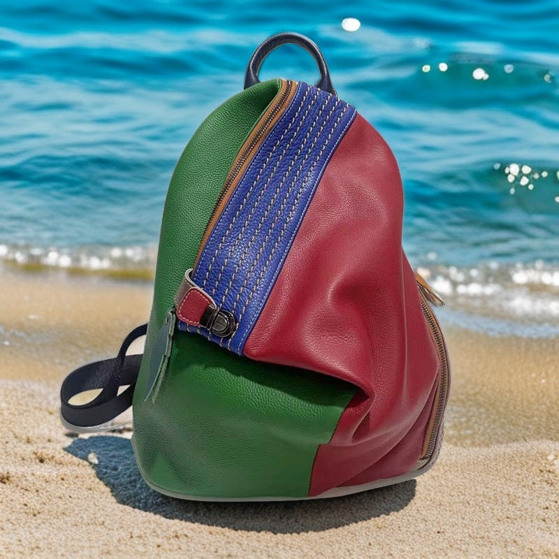 Sac à Dos Femme Cuir Véritable Bicolore Style Européen et Américain Antivol