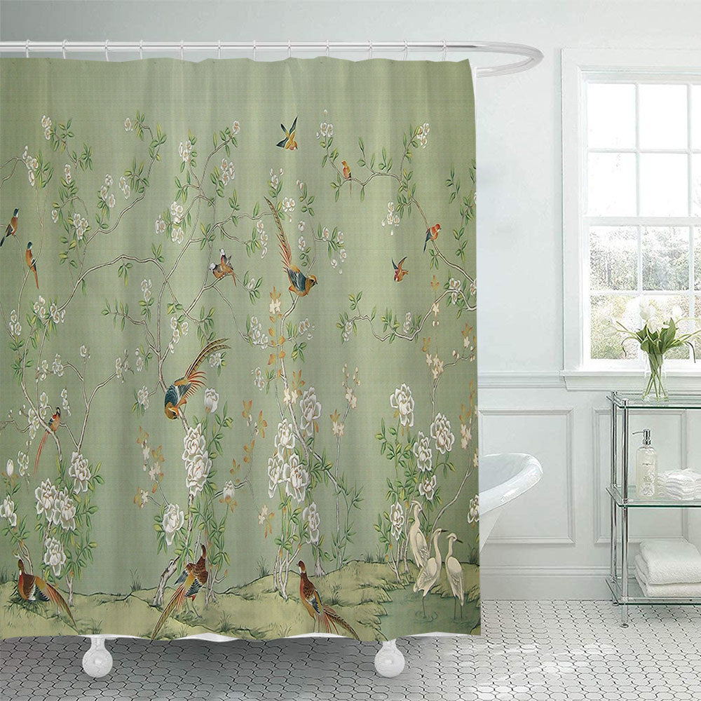 Ensemble de rideau de douche imperméable en polyester imprimé fleurs et oiseaux verts