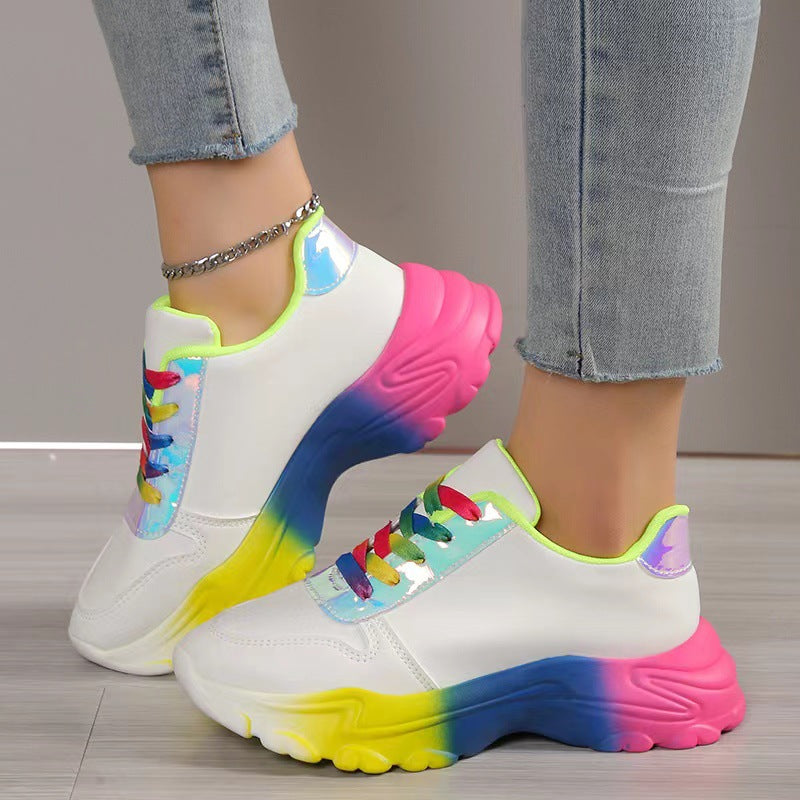 Chaussures de sport pour femmes style INS arc-en-ciel, semelle épaisse, lacets, légères