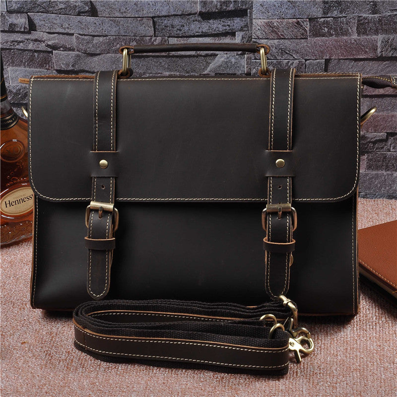 Sac à main pour homme en cuir véritable de vache Crazy Horse - 33 cm style rétro