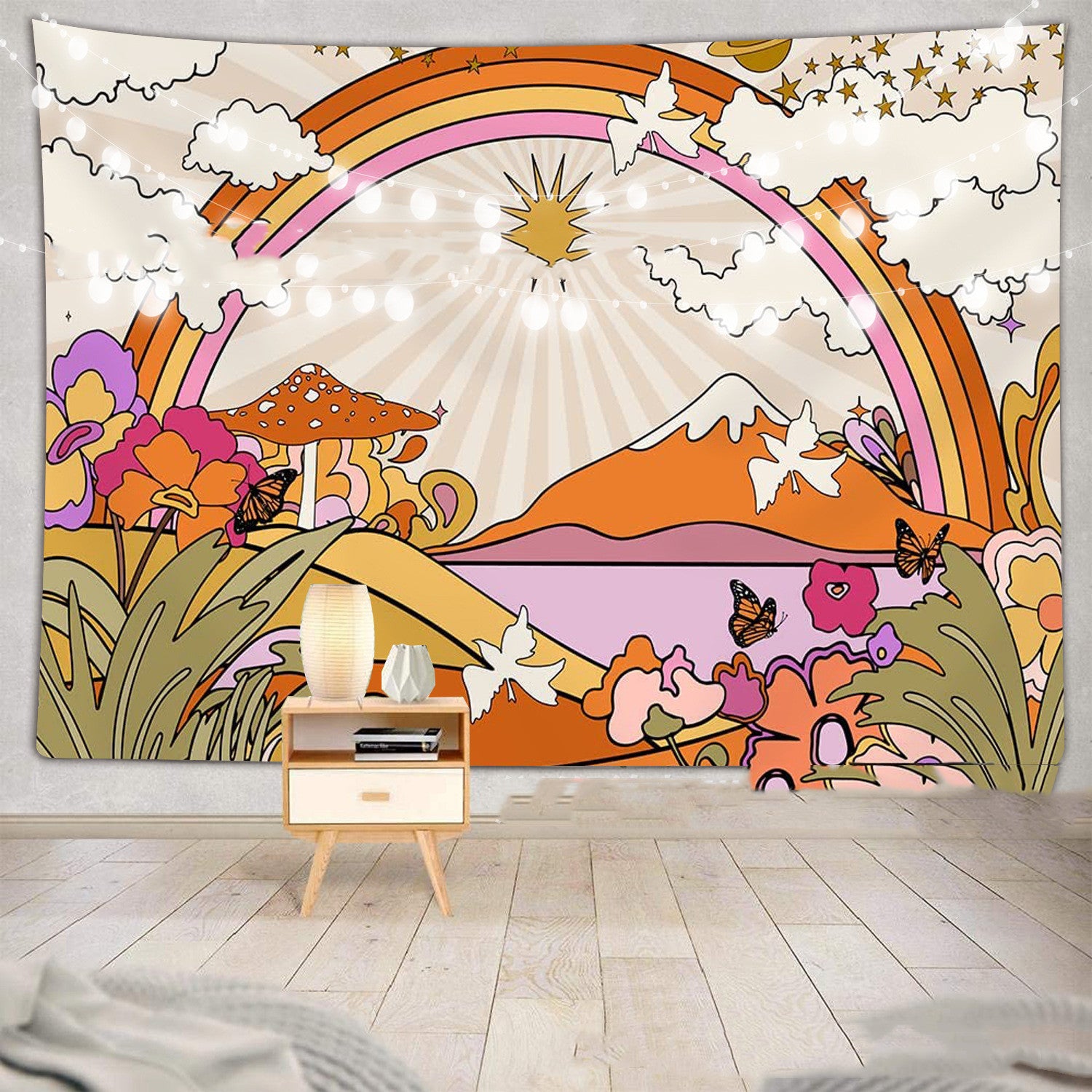 Tapisserie Murale Rayures Arc-en-Ciel Soleil Vintage