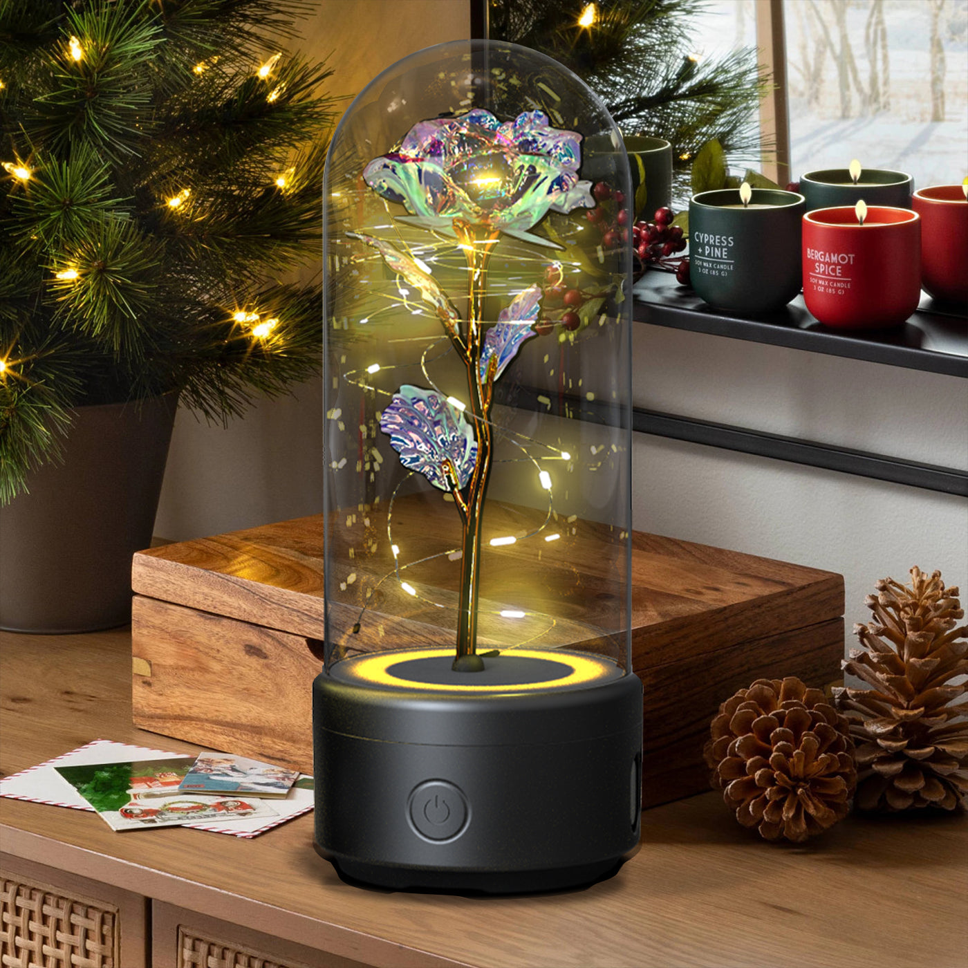 Lampe LED 2 en 1 Créative Rose Éternelle et Enceinte Bluetooth, Cadeau Saint-Valentin - IVOIRART.COM