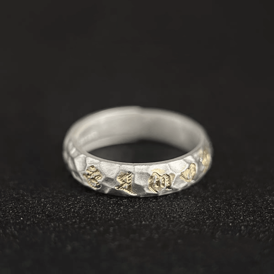 1pc 999 Sterling Silver Hammered Gold-plated Mantra Open Ring, Retro Zen Style, Perfect For Daily Wear & Valentine's Day Gift - IVOIRART.COM